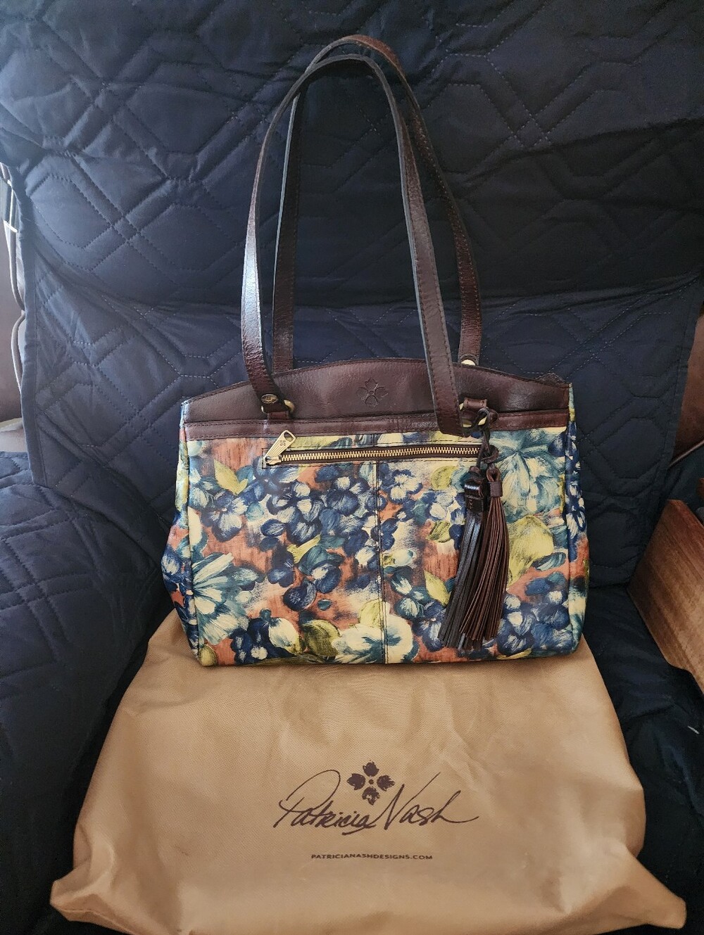 Patricia Nash Floral Print Leather Tote Bag with Brown Trim